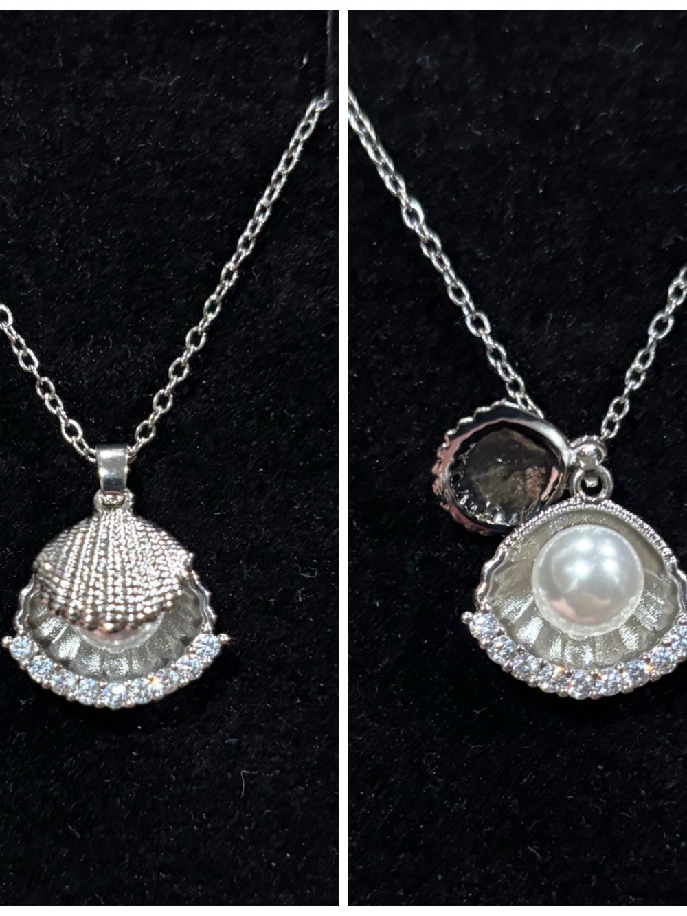 Silver Shell Locket CZ Necklace with Pearl Accent